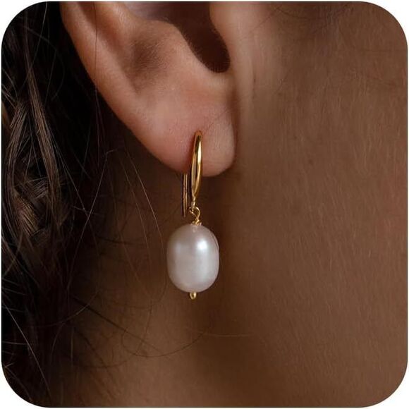 Pearl Dangle Earrings14K Gold Plated Pearl Drop Hoop Huggie Dangling Earrings - Picture 6 of 6
